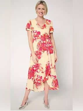Beautiful by Lawrence Zarian Flutter Sleeve Dress pink orange floral SZ MP